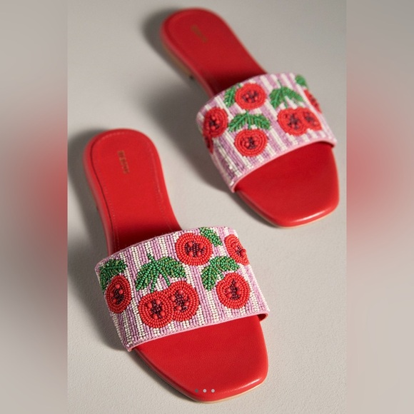 NWT 🍒 Anthro Beaded Cherries Fiona Slide Sandals - Picture 1 of 13